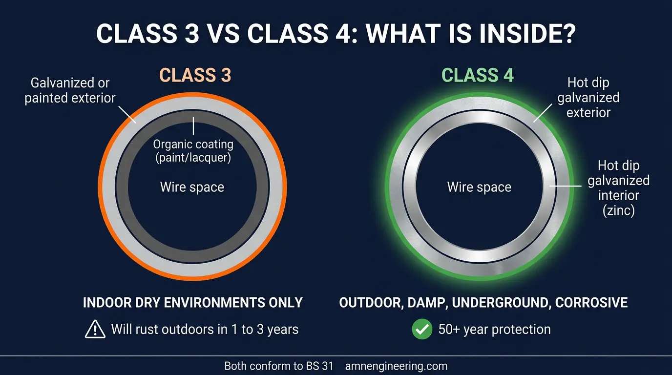 Cross section comparison of Class 3 and Class 4 conduits showing wall thickness and interior coating differences